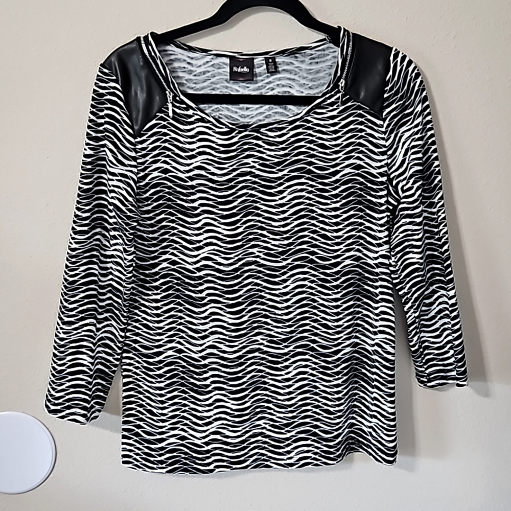Rafaella Women's Striped Top with Faux Leather Accents & Zippers Size Med